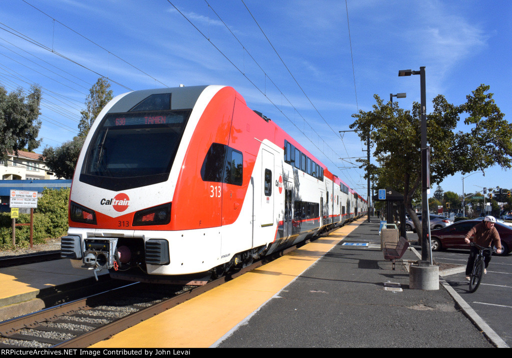 Caltrain paused at Broadway Station-heading away from the camera